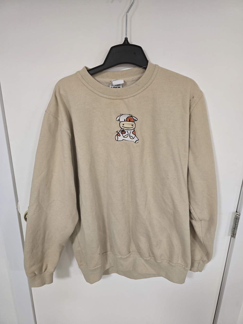 Beige Crewneck Sweatshirt with Embroidered Cow Motif